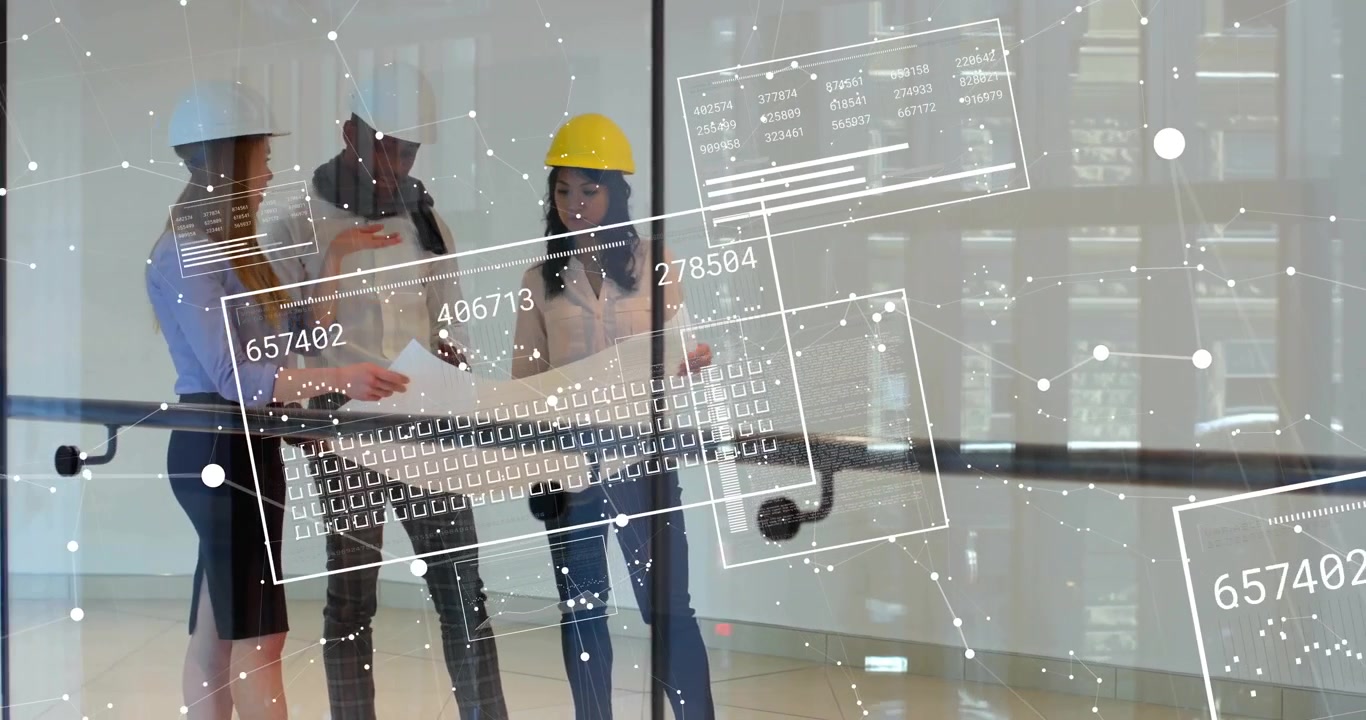 Architect gesturing toward blueprint and unrolling as colleagues examining AR data for engineering