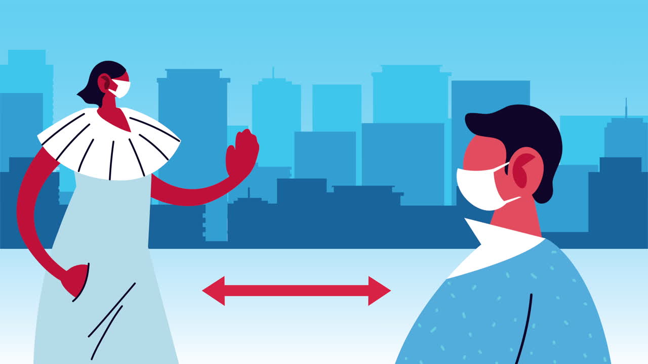 covid-19에 대한 의료 마스크를 착용하고 사회적 거리를 지키는 커플