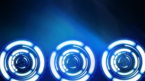 animación de tres círculos blancos brillantes que giran sobre un fondo azul