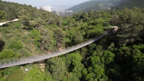 vista aérea alrededor del puente colgante, en el soleado parque haifa nesher, israel - dando vueltas, disparo de drones