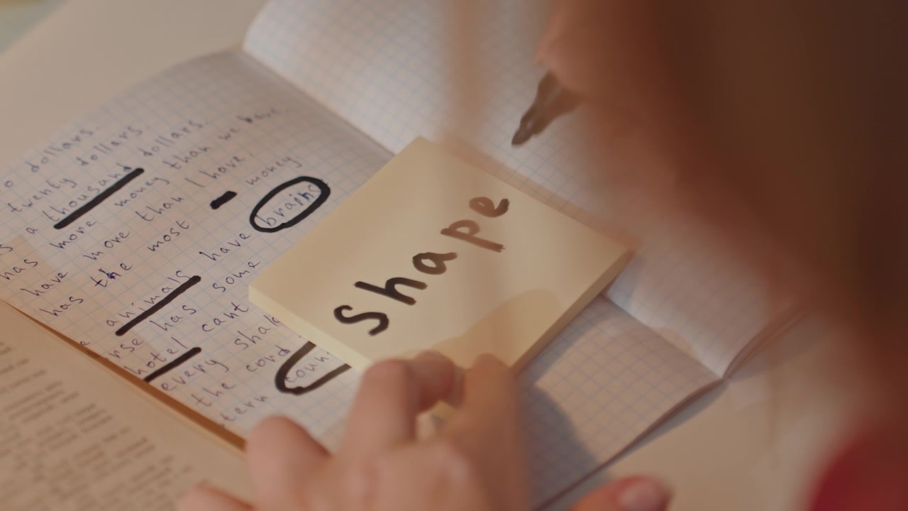 Close up of hands writing words on sticky notes. Sticky notes are placed near graph paper with handwritten text. Notebook pages show underlined sentences and circled terms such