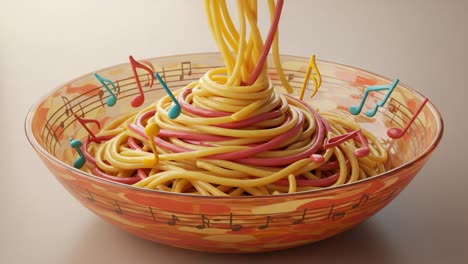 a creative culinary symphony: a bowl of colorful pasta spirals with dancing musical notes, capturing the joy of food and music in a playful presentation