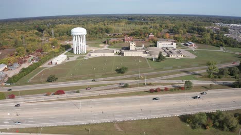 flint, michigan water tower and treatment plant along dort highway and 475 wide shot drone video that is stable