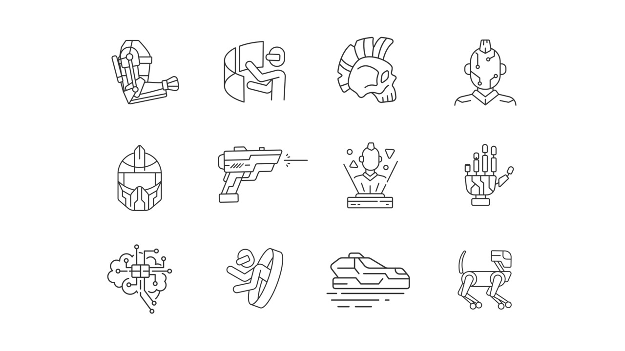 Animated Cyberpunk and Sci-Fi Technology Line Art Icons