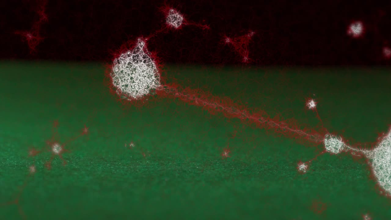Two 6-sided dice tumbling after impulse, rotating across green felt as webbed spheres drifting
