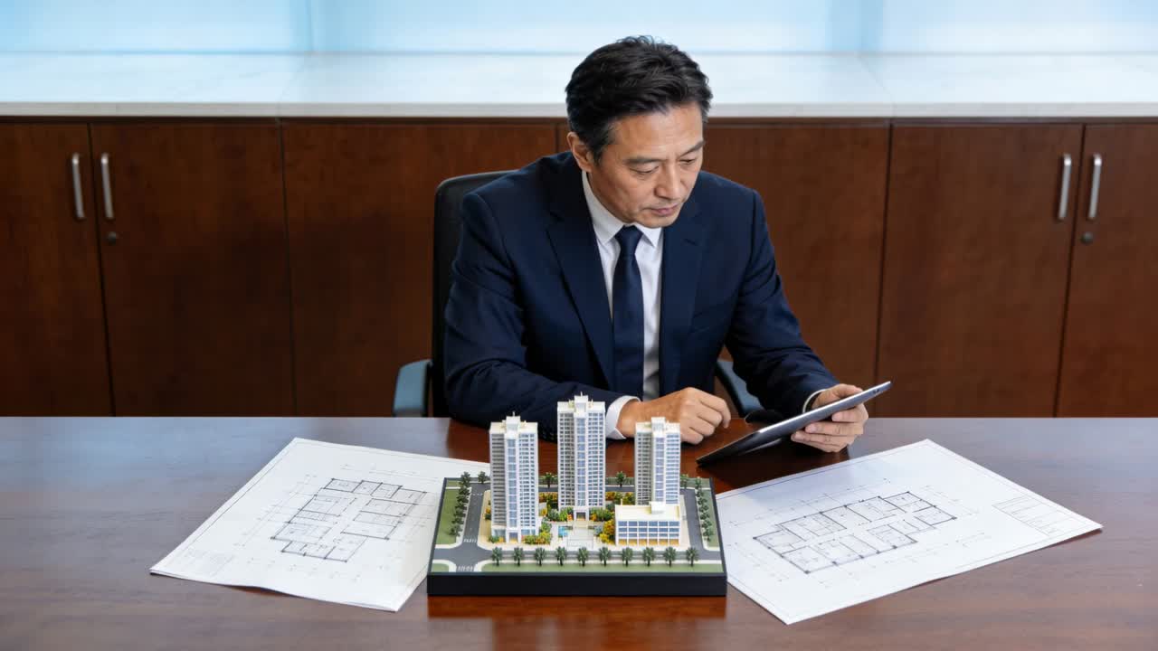 Hombre asiático con traje azul marino revisando y tocando una tableta, comprobando un modelo a escala y planos en una mesa de conferencias.