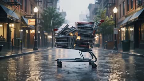 an abandoned shopping cart surrounded by a rain-drenched street landscape, evoking a sense of isolation and urban loneliness amidst a quiet, stirring atmosphere