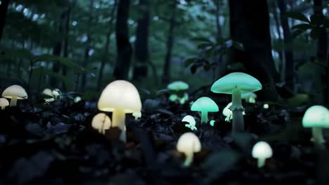 a stunning display of bioluminescent fungi: a journey through enchanted forests illuminated by mystical mushrooms in shimmering colors