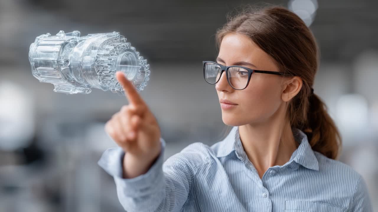 A young woman wearing glasses interacts with a holographic design of a mechanical part, showcasing innovation and technology in an advanced workspace environment