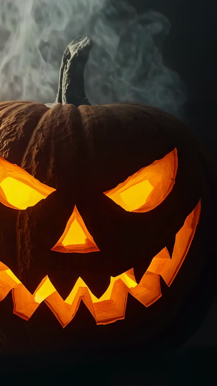 Vertical video: Tilting camera revealing candle lit pumpkin stem and swirling smoke in dark studio