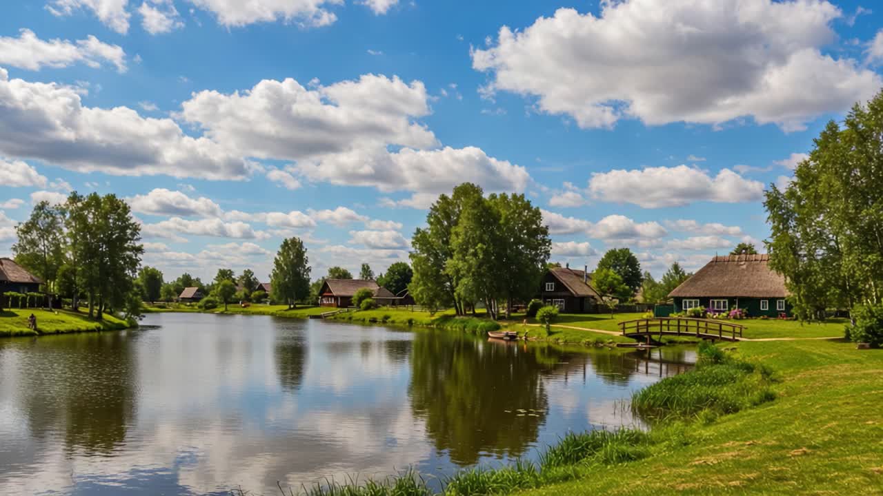 Serene Reflections: A Picturesque View of Idyllic Cottage Homes by a Calm Pond Nestled Amidst Lush Greenery and Fluffy White Clouds in a Tranquil Landscape
