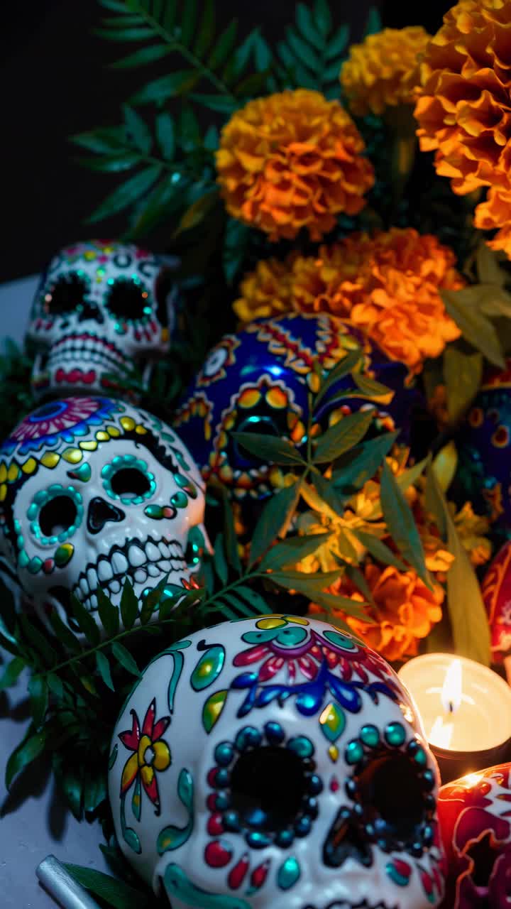 Vibrant Dia de los Muertos skulls and marigolds in a close-up angle, creating a festive, colorful