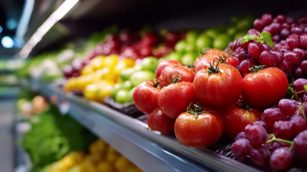 Uma exibição colorida de produtos frescos com tomates suculentos, uvas vibrantes e uma variedade de frutas e legumes em um supermercado com iluminação forte