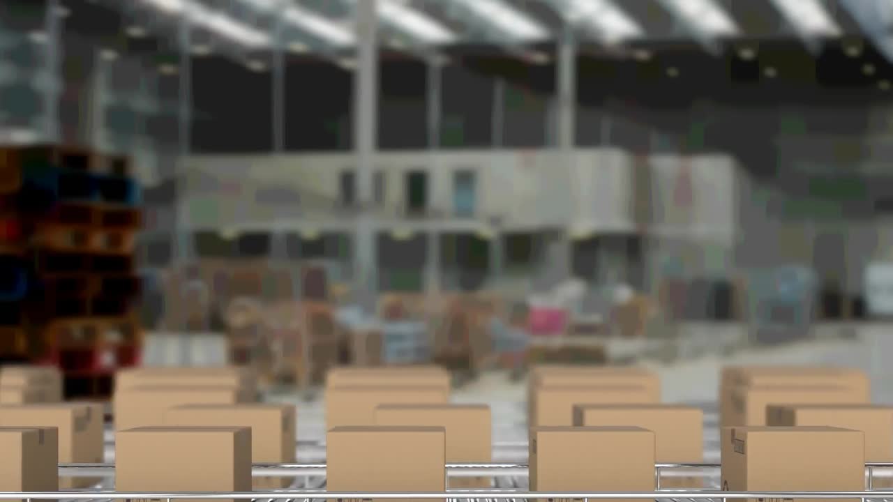 animación de cajas de cartón en cintas transportadoras en el almacén