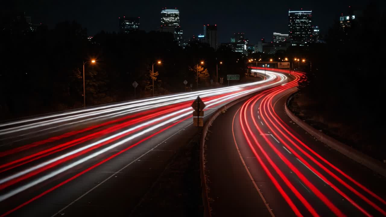 Uno splendido paesaggio urbano notturno con vivaci scie luminose di auto su un'autostrada trafficata, circondato da architettura urbana e grattacieli scintillanti.