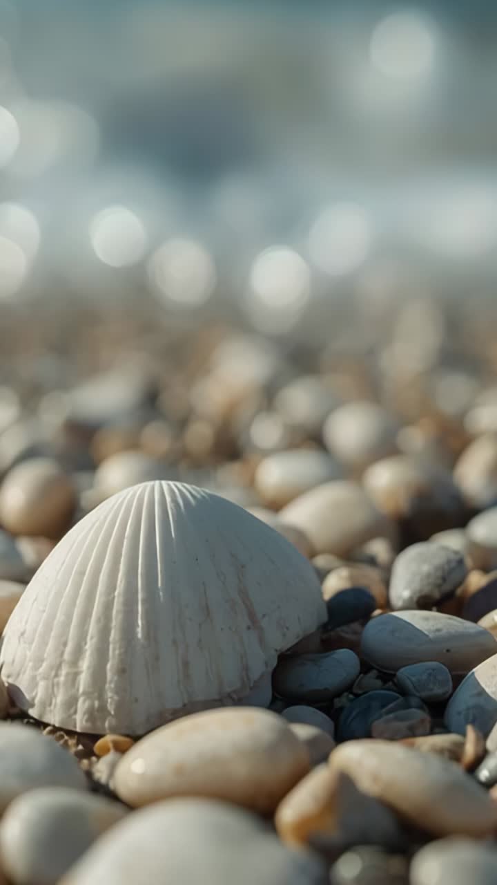 Vertical video: Approaching wave enveloping ridged seashell on pebbles, showing tide movement
