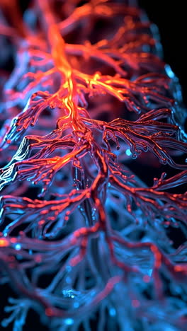 abstract glowing network of red and blue filaments