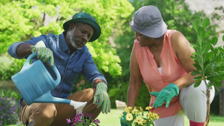 Couple gardening together
