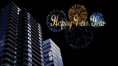 Animation-of-happy-new-year-text-over-fireworks-and-buildings