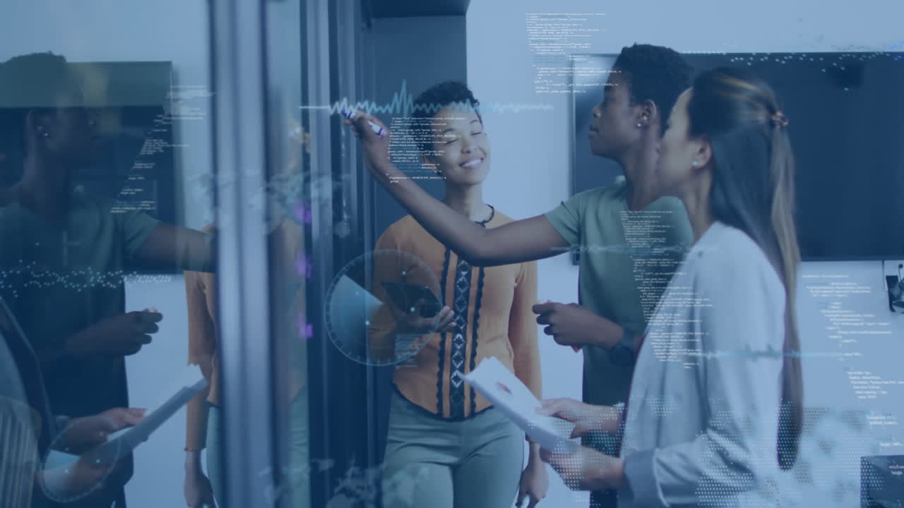 Collaborating on digital animation, diverse team analyzing data in modern office