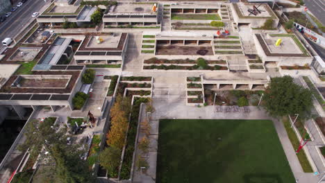 aerial view of oakland museum of california, gardens and building