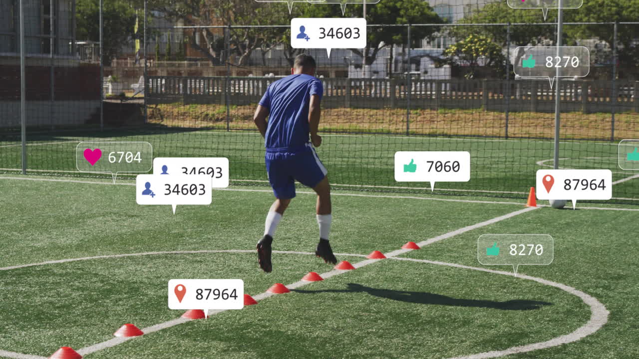 Soccer player jumping over cones on sports training field, featuring animated social media callouts