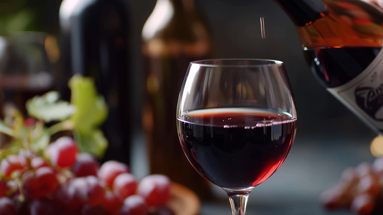 Vino rosso si versa in un bicchiere con grazia. Uva e foglie aggiungono un fascino rustico. La scena risulta calda e invitante. Perfetto per momenti romantici o celebrativi. Ideale per contenuti di cibo, bevande o lifestyle
