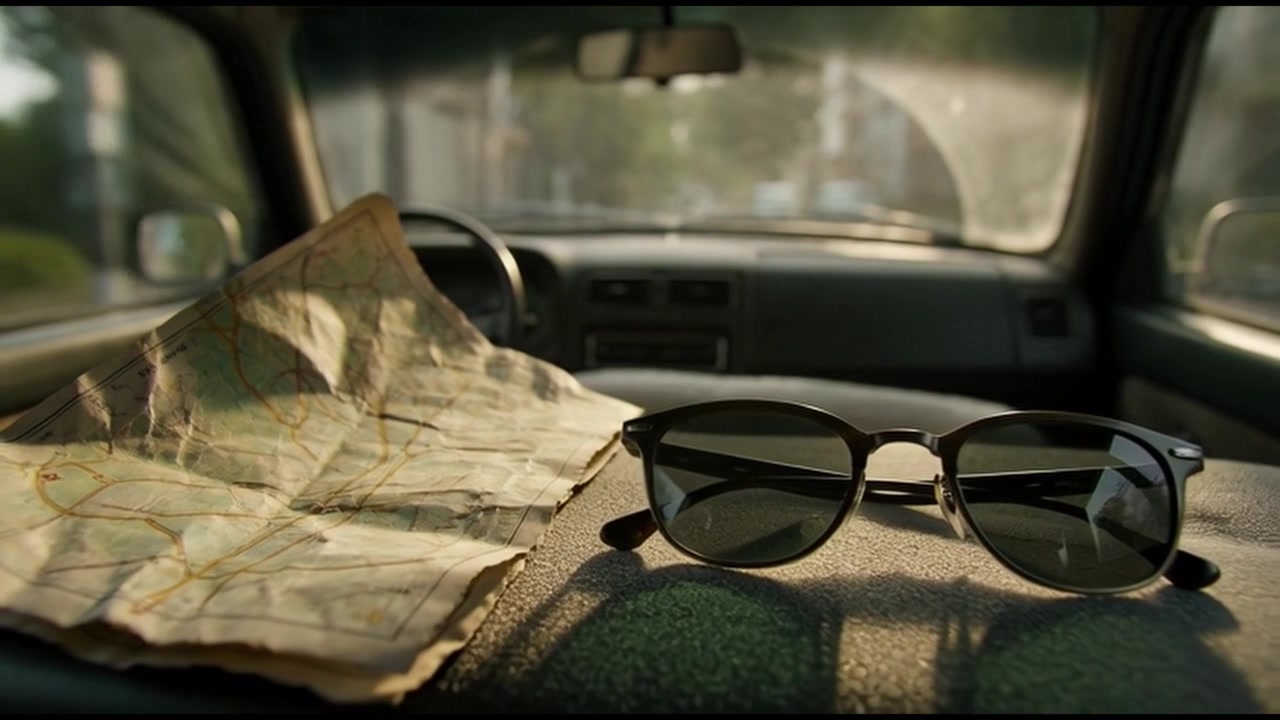 Landkarte und Sonnenbrille auf dem Armaturenbrett während eines Roadtrips