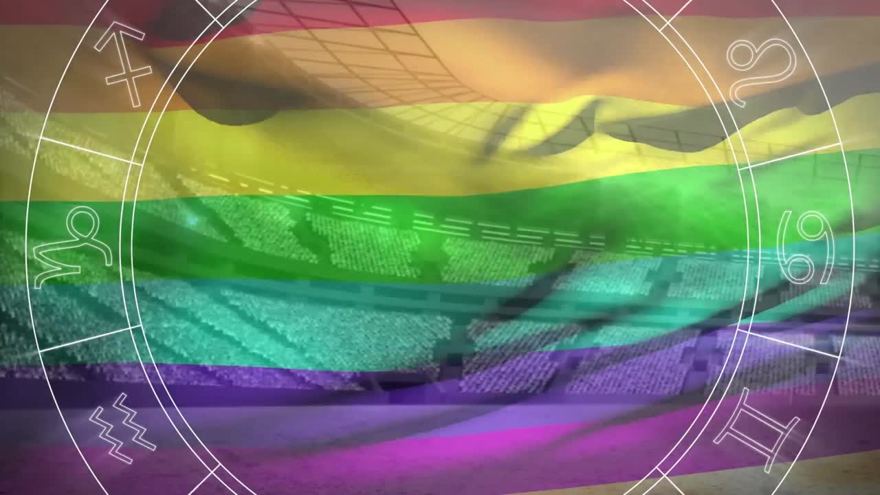 스타디움 위의 조디악 기호와 lgbt  ⁇ 발의 애니메이션