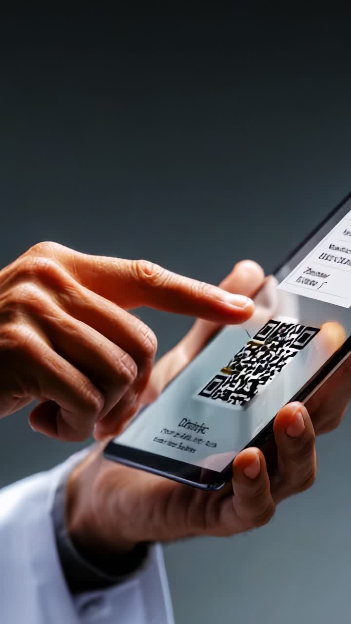 Uomo che utilizza uno smartphone per accedere a informazioni digitali con codice QR e screening sanitari in primo piano, a dimostrazione dell'integrazione tecnologica nella gestione della salute