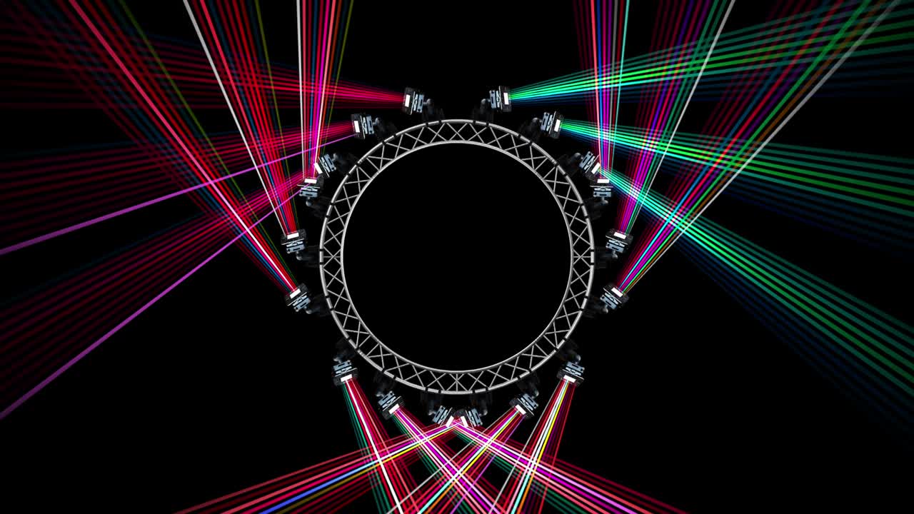 Fasci di luce da apparecchi di illuminazione su una traliccio circolare. Fasci dinamici multicolori sfarfallano e si muovono. Animazione per spettacolo, festa o discoteca.