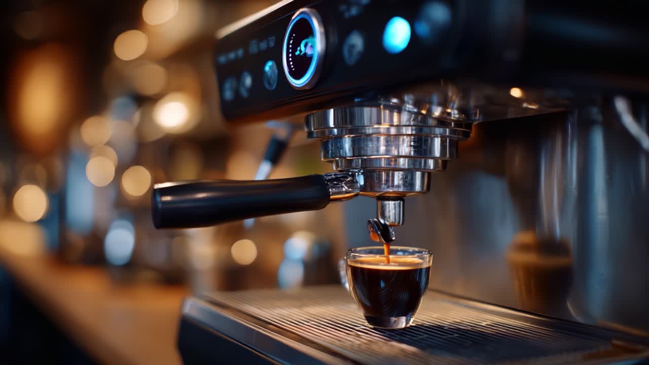 Creazione dell'espresso perfetto: un viaggio ravvicinato di una macchina da espresso che prepara un caffè ricco in un'accogliente caffetteria con luce calda e riflessi