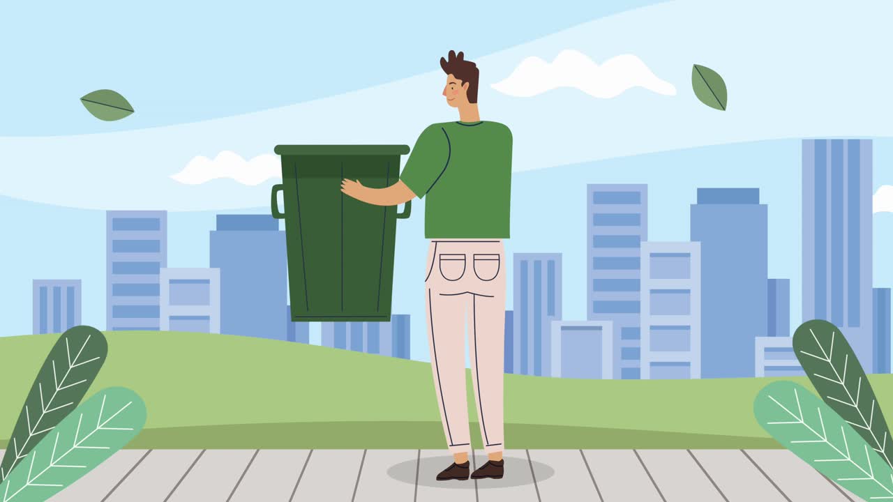 Male ecologist with garbage bin animation | Premium Stock Video Footage