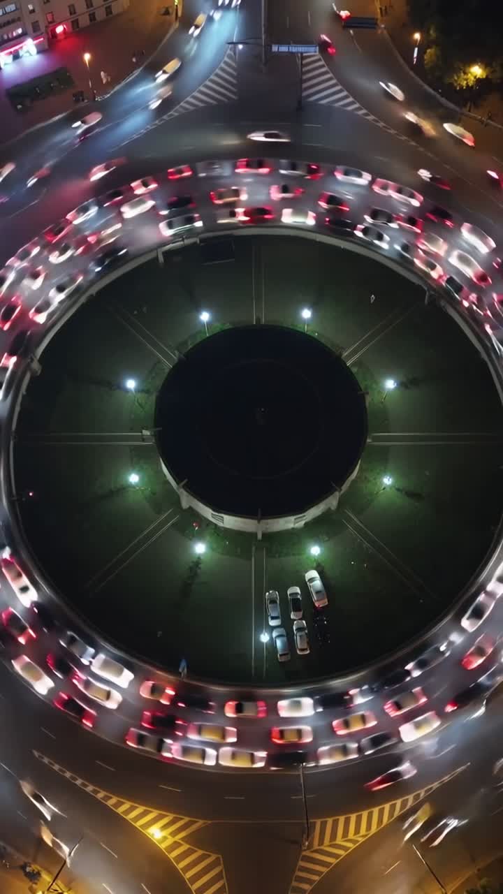 Video verticale: Auto che entrano da ingressi superiori e inferiori, girando in cerchio di notte con auto parcheggiate.
