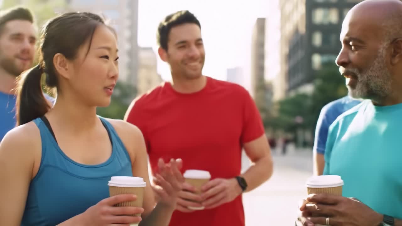 A Vibrant Group of Friends Enjoying Coffee After a Workout: A Celebration of Fitness, Connection, and Refreshment in an Urban Setting