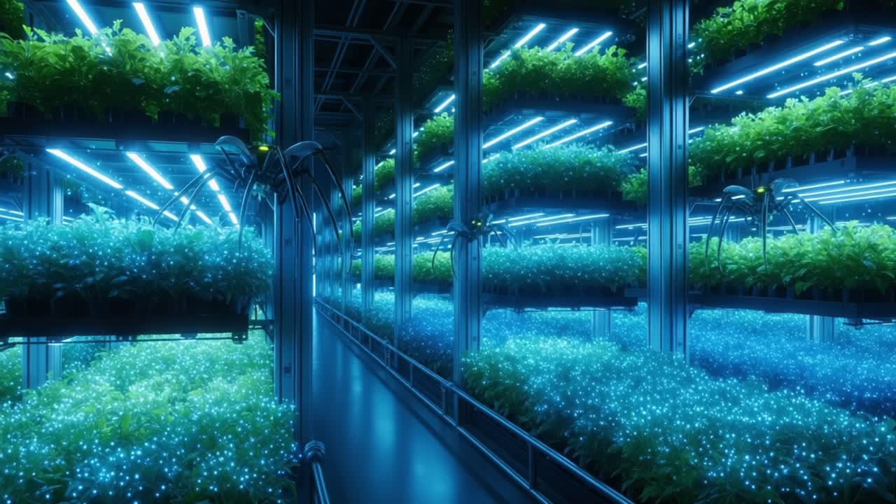 A Futuristic Vertical Garden Embracing Hydroponic Technology Under Neon Lights, Showcasing Lush Greenery and Innovative Growth Systems in a High-Tech Environment
