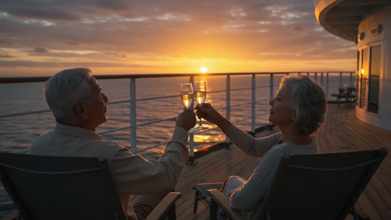 A Romantic Evening at Sea: Celebrating Togetherness with Sparkling Glasses as the Sun Sets Over the Horizon