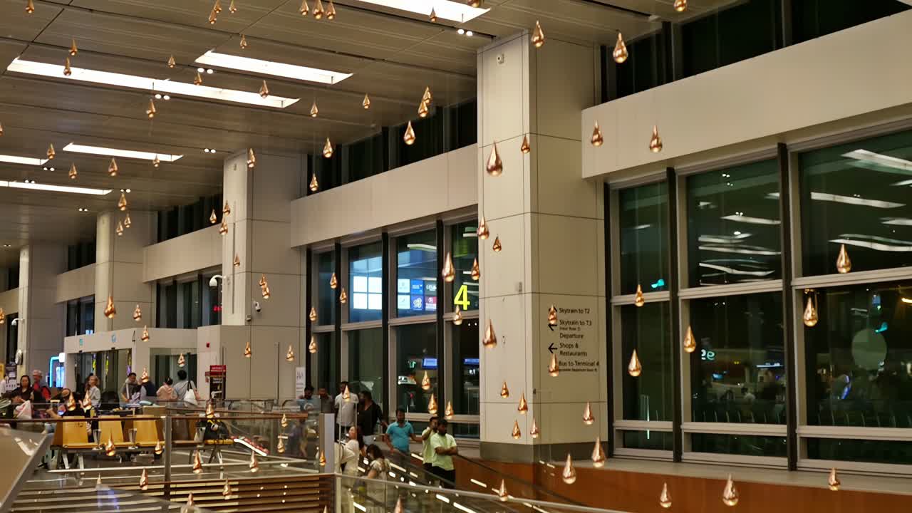 Editorial illustrative footage of the visually absorbing and fascinating "moving droplets" programmed interior decor at Singapore's Changi International Airport departures lobby.