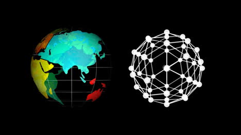 Digital animation of globe of connected dots and globe icon spinning against black background