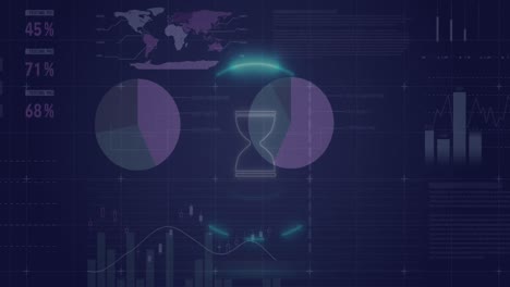 animation of hourglass in circle over multicolored infographic interface on abstract background