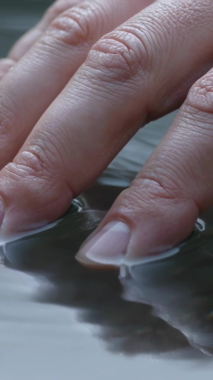 Vertical video: Lowering two fingertips touching calm water surface, creating meniscus ripples