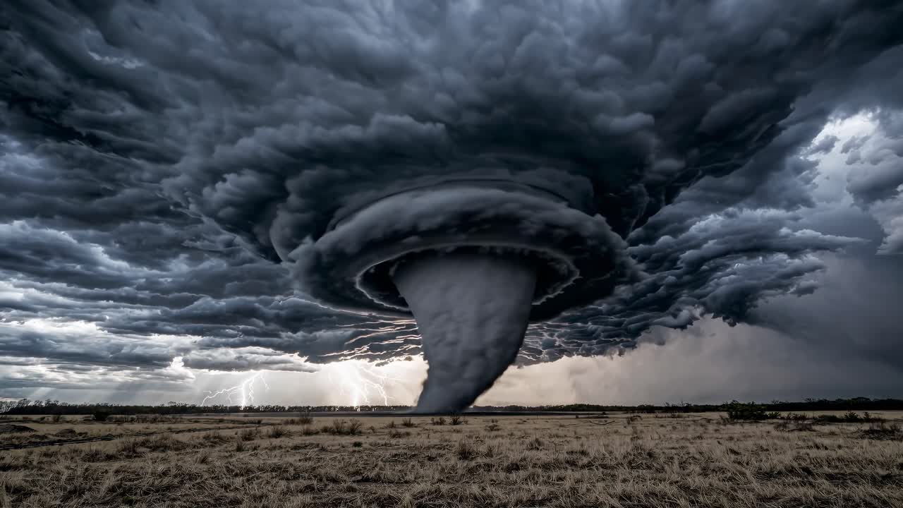 Dramatic wide-angle shot of a tornado under dark storm clouds with lightning, resembling a scene