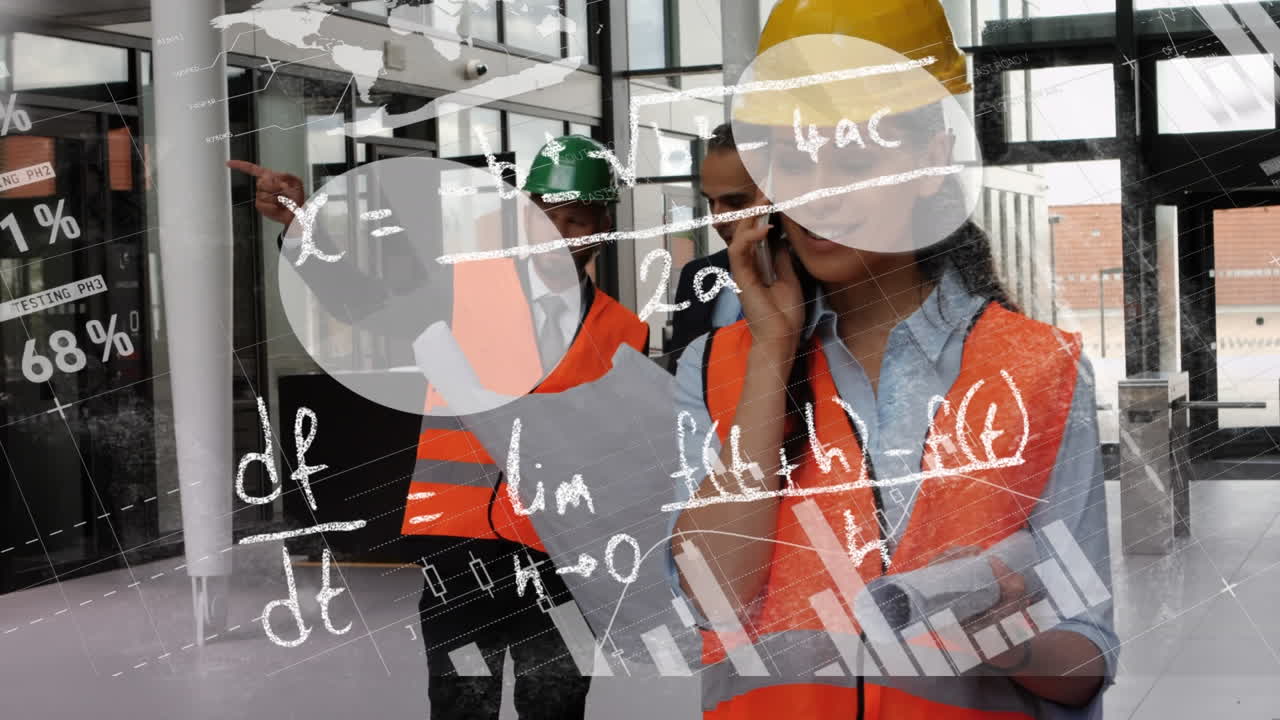 ecuaciones matemáticas y datos estadísticos contra una arquitecta hablando en un teléfono inteligente