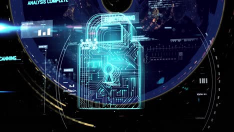 Animation of padlock icon and data processing over world map on black background