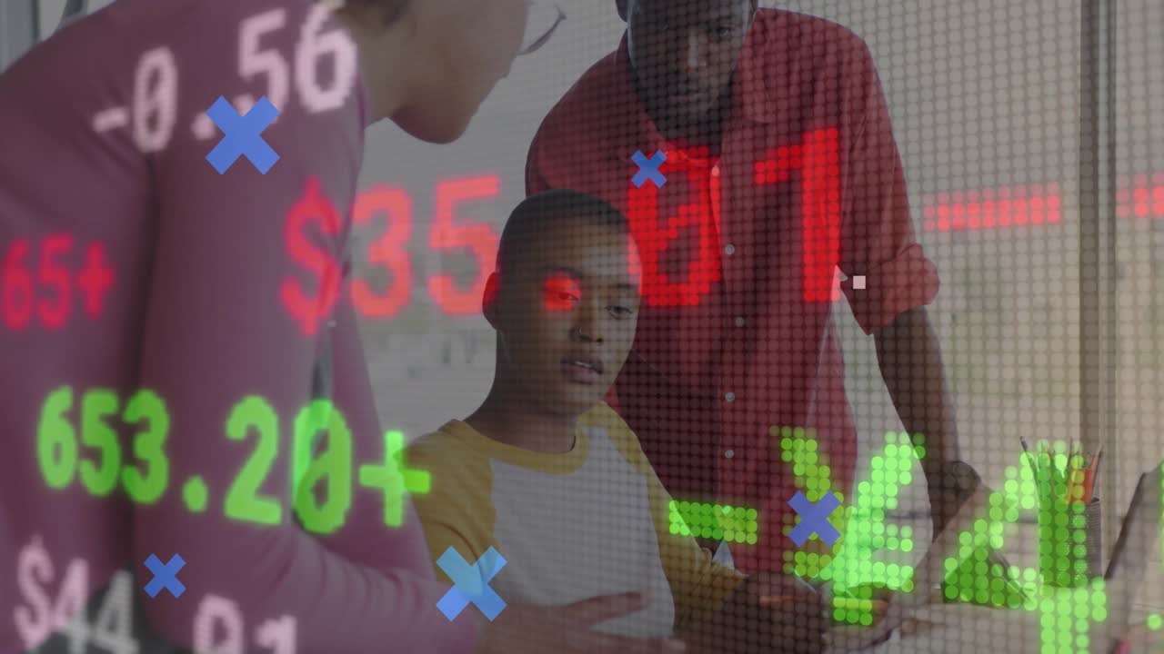 Team around desk lead pointing tablet operator tapping animating finance charts assessing decline