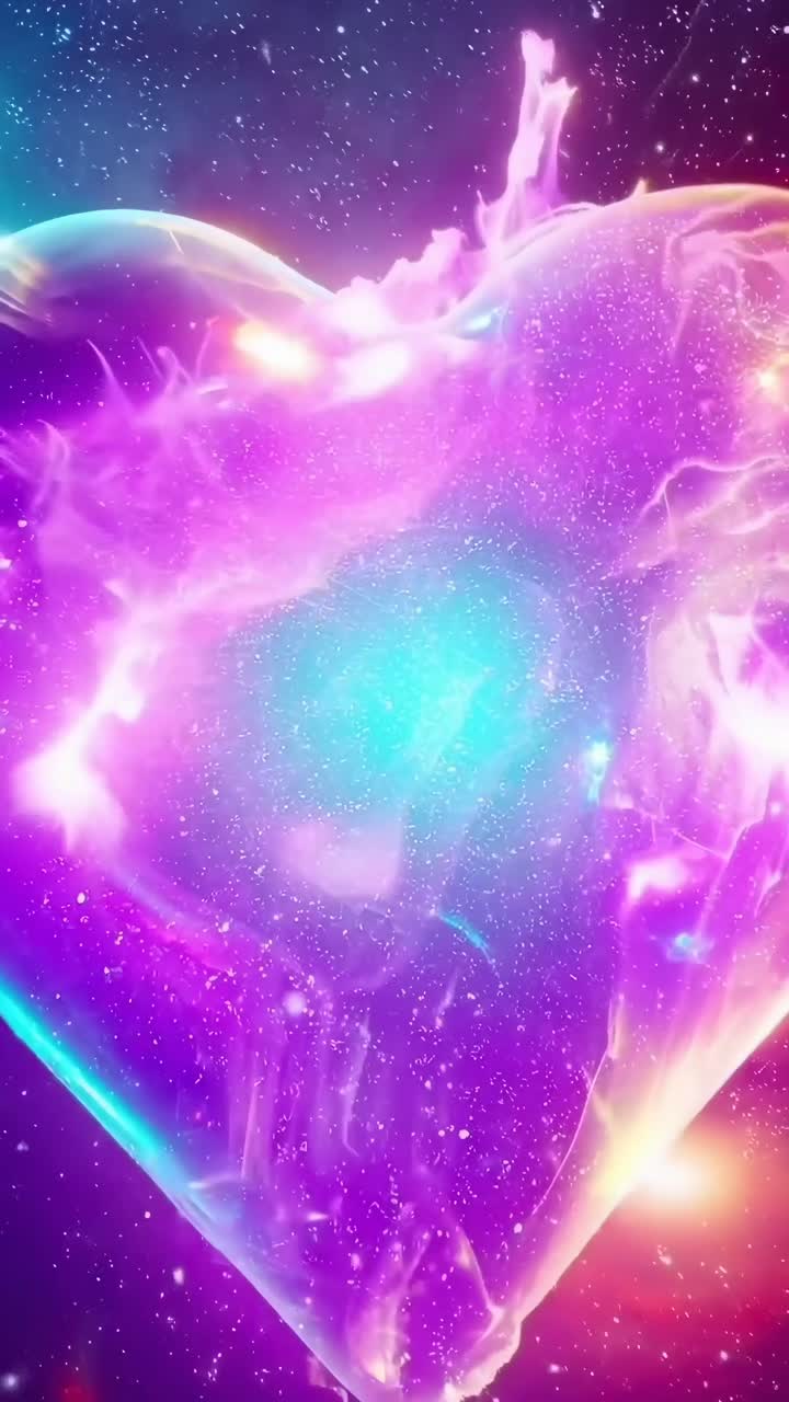 Un cuore cosmico risplende in una nebulosa vibrante. Il video lo riprende da un'angolazione frontale.