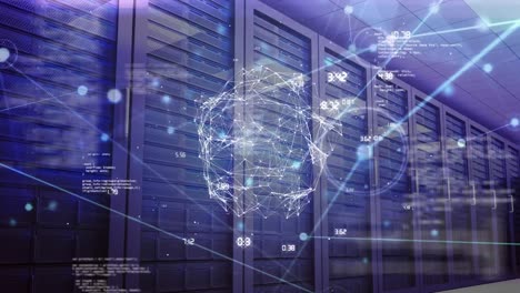 Animation-of-financial-data-processing-and-globe-over-server-room