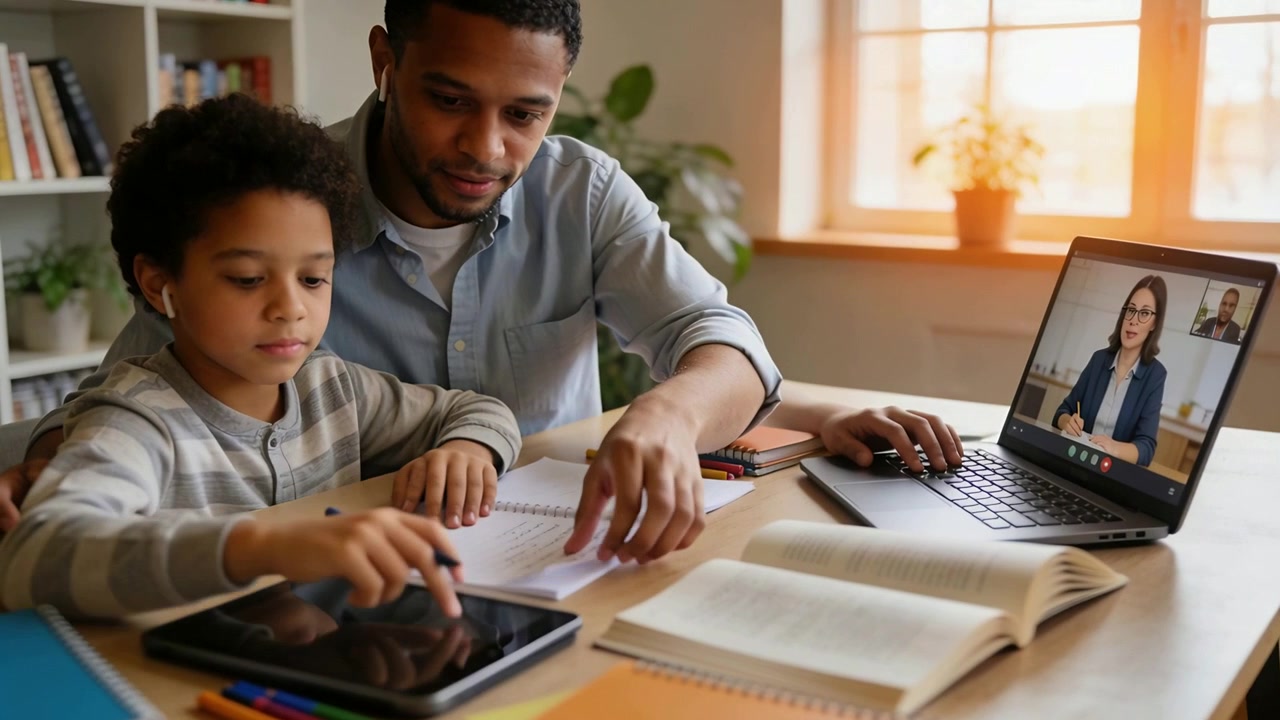 Answering call at home parent blue-shirt guiding child in gray sweater doing homework with laptop