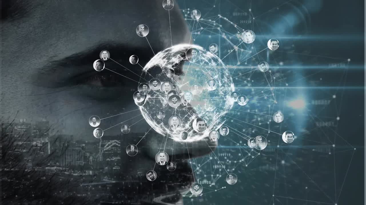 어두운 배경에 카우카시안 남성들에 대한 연결 네트워크와 함께 지구촌의 애니메이션