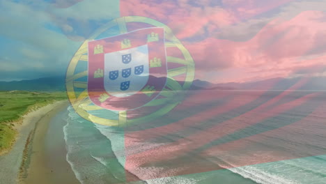 animation of flag of portugal blowing over beach landscape